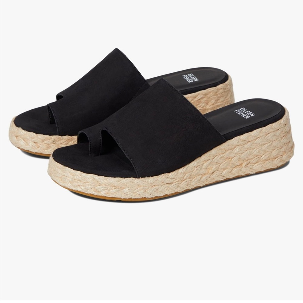 Eileen Fisher Black Suede Espadrille Slide Sandals